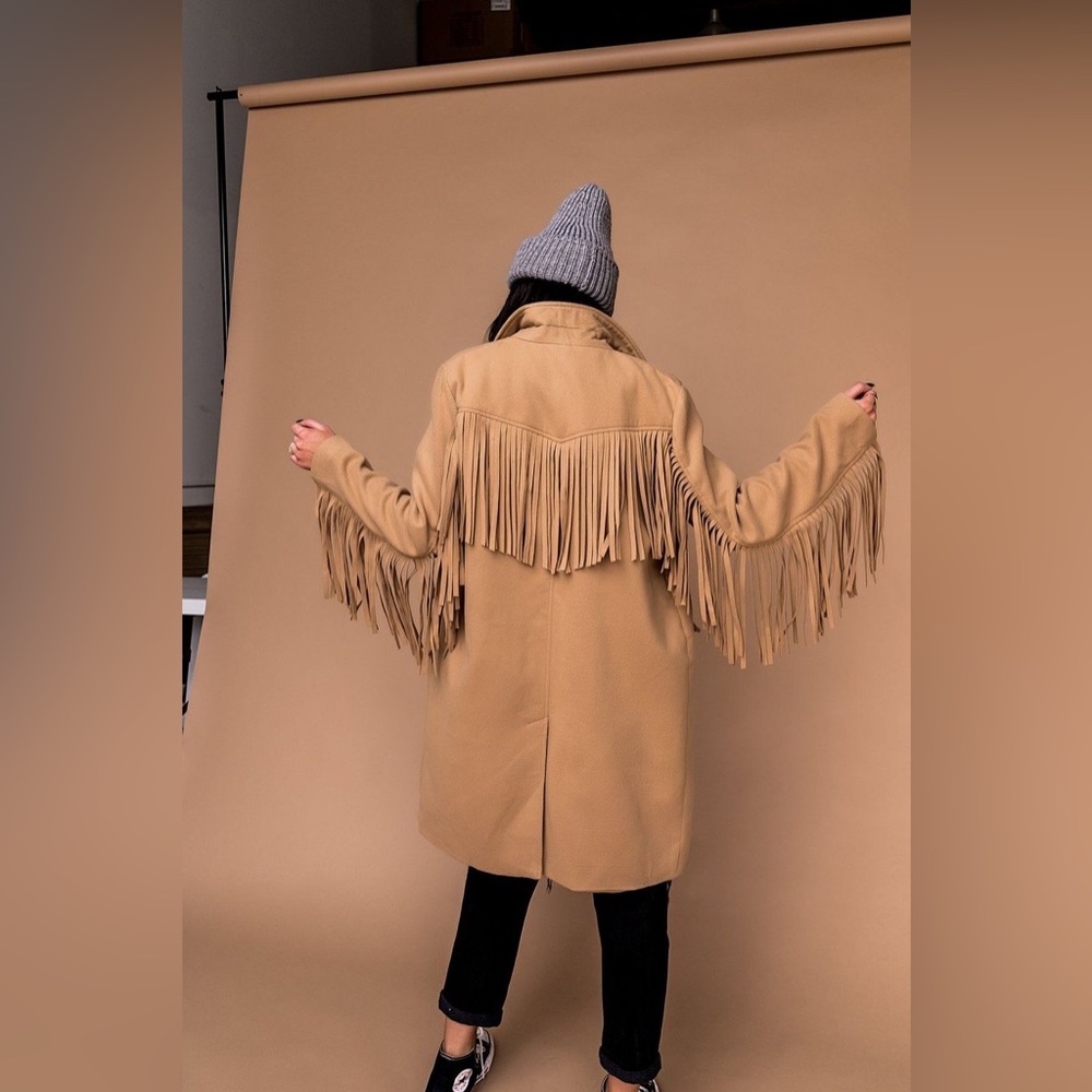 Dressed in LALA Heart and Soul Fringe Overcoat in Camel